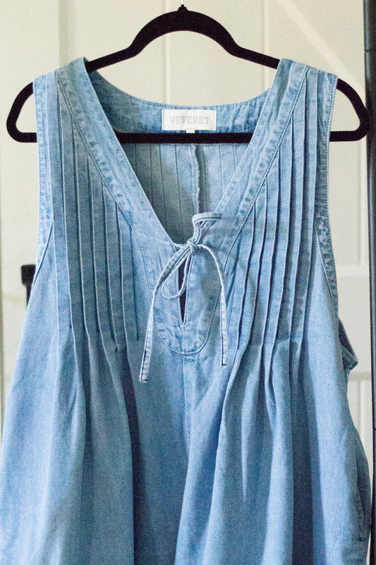 Pleated V-neck denim romper