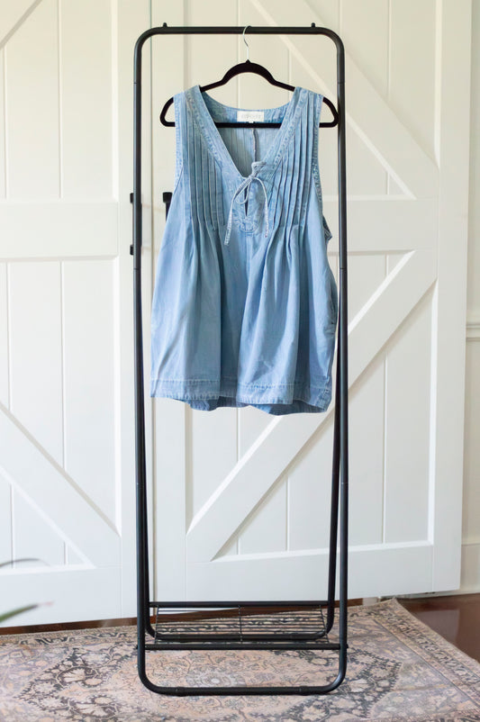 Pleated V-neck denim romper